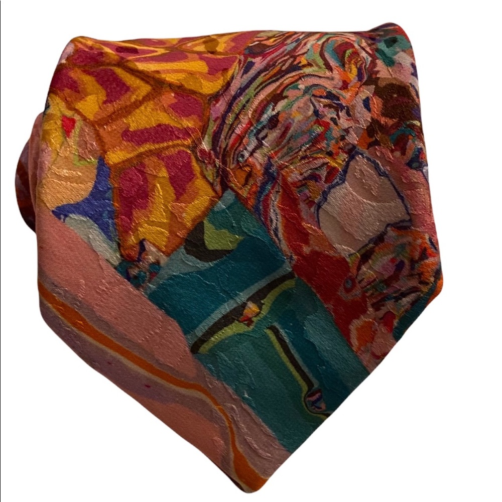 BRIONI patchwork silk jacquard neck tie orange red green